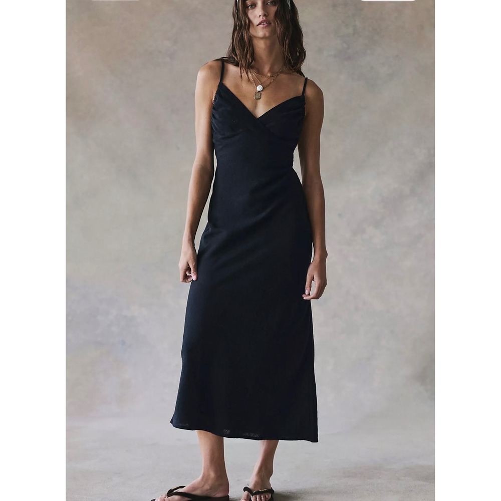 Free People Sandshell Linen Omnia Midi Slip Dress Black XL